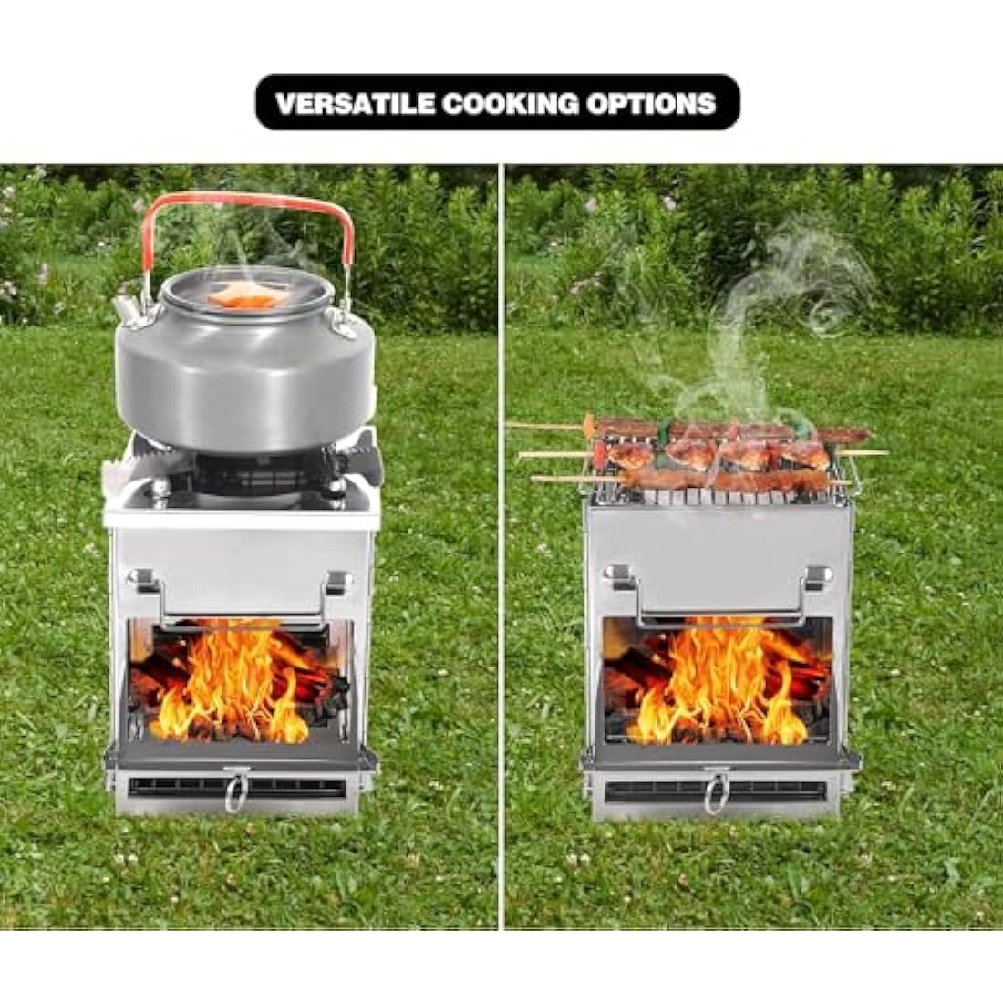 REDCAMP Wood Burning Camping Stove Folding with Pot Stand, Large Portable Stainless Steel 304# Grill Folding Wood Stove for Hiking Picnic Cooking Outdoor，Large