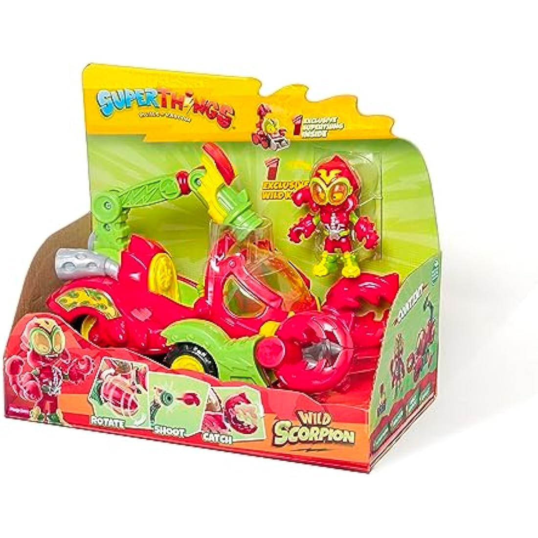 SUPERTHINGS Wild Scorpion – SuperThings Scorpion vehicle. Includes 1 exclusive Wild Kid and 1 exclusive Wild Villain SuperThing. With shooter and scorpion pincers to capture heroes