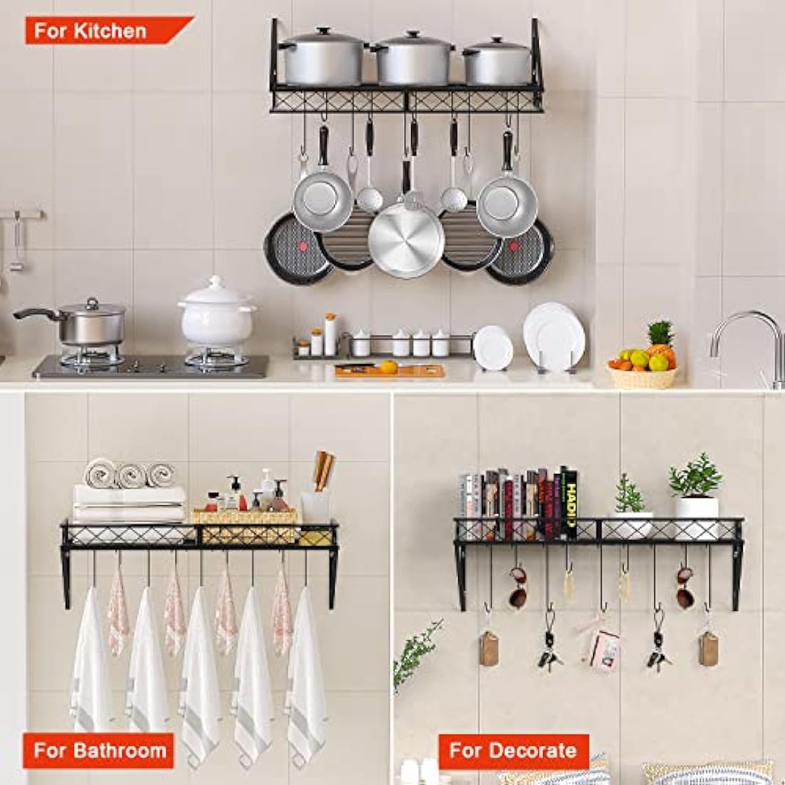 Mutool Wall Mount Pot Pan Racks, 70CM Saucepan Hanging Racks Utensils Hanging Shelf, Pan Rack for kitchen, Metal Cookware Organiser with 10 Hooks, Black