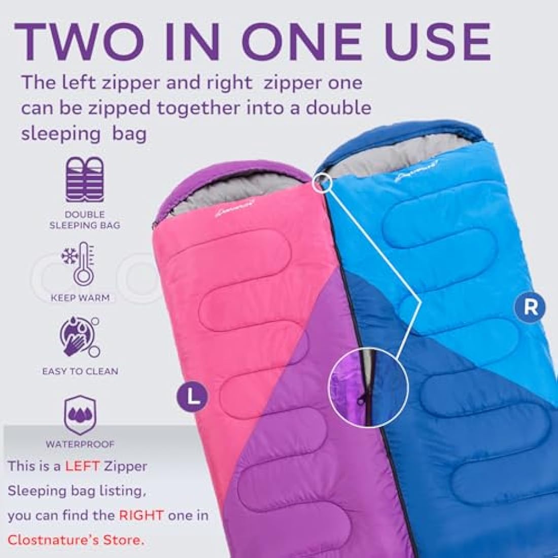Clostnature Sleeping Bag for Adults and Kids - Compact Lightweight Sleeping Bag, 4 Season Ultralight Camping Sleeping Bag for Summer, Winter, Children, Girls, Boys - Storage Sack Included(Left Zipper)