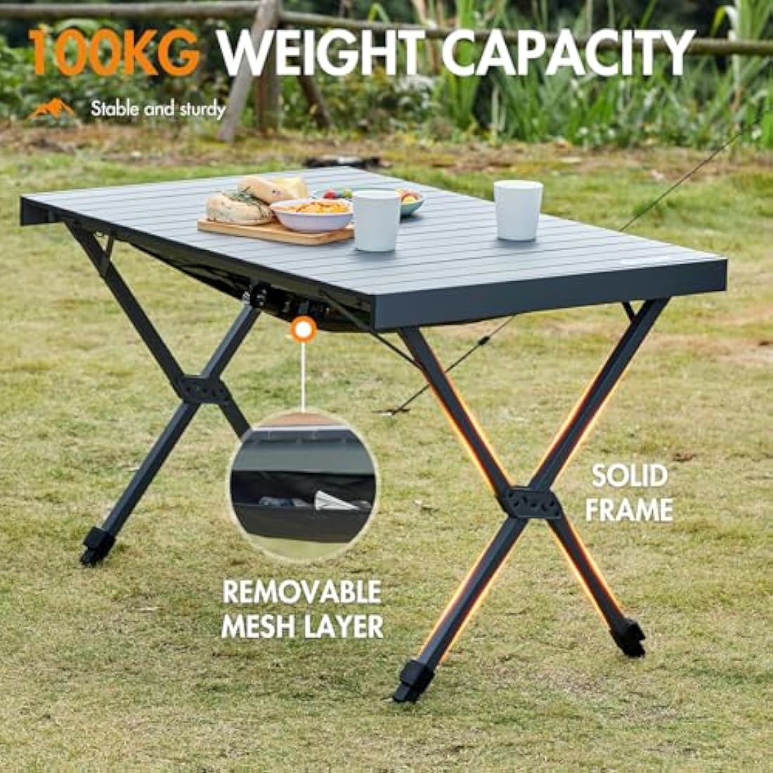 PORTAL Large Camping Table Folding 108x71cm Height Adjustable Picnic Table Foldable All Aluminum Roll Up Top Collapsible Outdoor Desk Lightweight Garden Table Load 100KG for Caravan BBQ Dining Beach