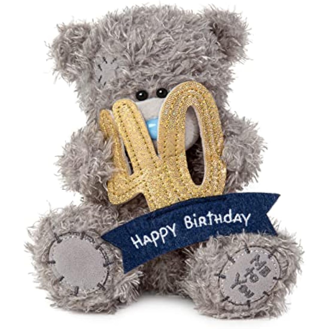 Me to You Tatty Teddy 40th Birthday Bear Holding a 40 Banner - Official Collection, Blue,gold,grey,navy