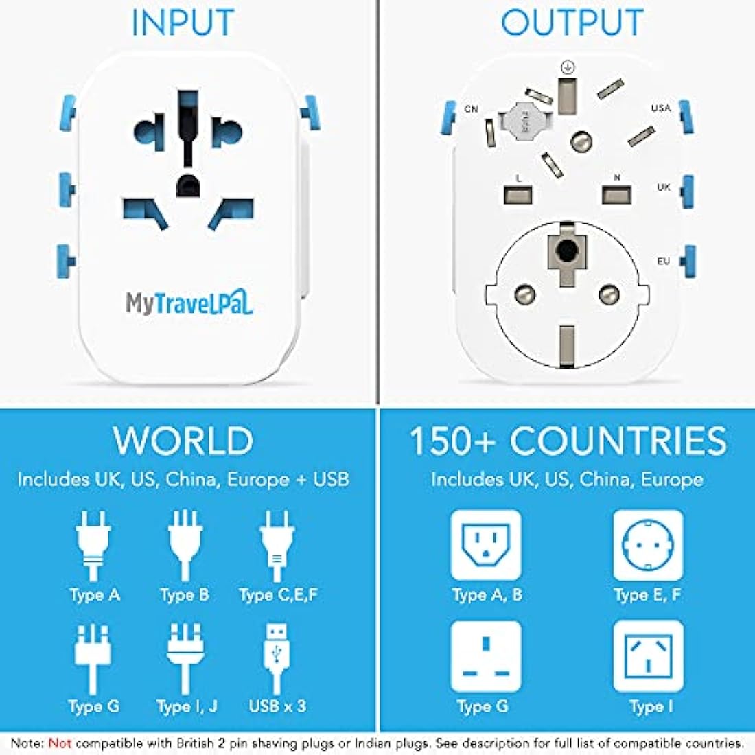 Worldwide Travel Adapter with USB-C | The Safest All In One Travel Adaptor | MyTravelPal® Pro Grounded Universal Travel Adapter Worldwide | Earthed International World Charger Travel Plug Adapter