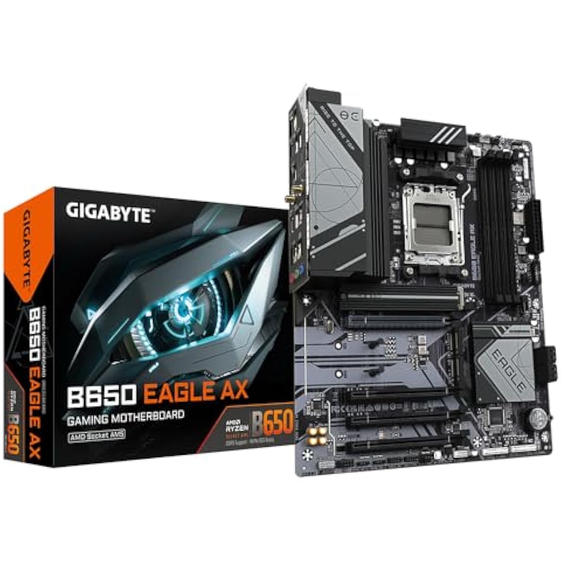 Gigabyte B650 EAGLE AX Motherboard - Supports AMD Ryzen 7000 CPUs, 12+2+2 Phases Digital VRM, up to 7600MHz DDR5 (OC), 1xPCIe 5.0 + 2xPCIe 4.0 M.2, Wi-Fi 6E 802.11ax, GbE LAN, USB 3.2 Gen2