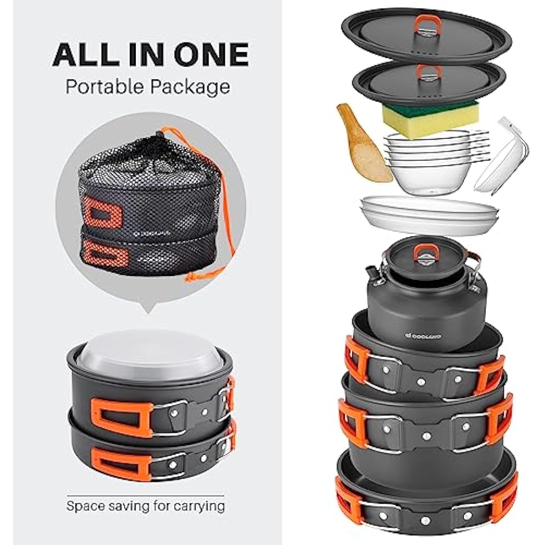 Odoland Camping Cookware Set Non-Stick Lightweight Camping Kettle Pots and Pans Mess Kit with Bowls Soup Spoon for Backpacking, Outdoor Cooking and Picnic for 4-6 People