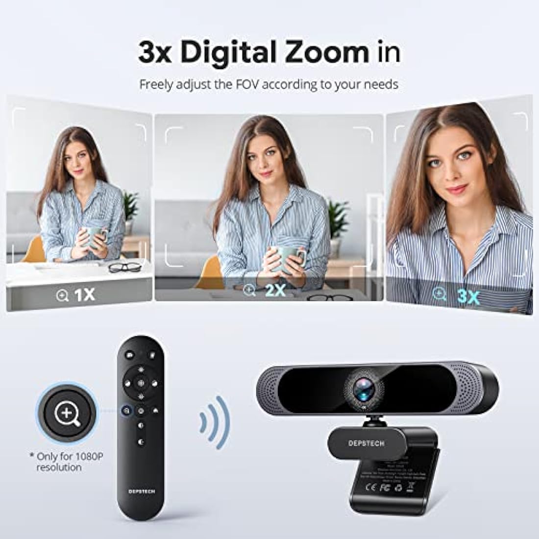 DEPSTECH 4K Webcam, Ultra HD 1/2.55'' Sony Sensor, 3x Digital Zoom, Dual Noise-Canceling Microphones, Remote Control, Auto Focus, Streaming Camera Webcam for PC, Laptop, Video Call, Zoom, Skype, Teams