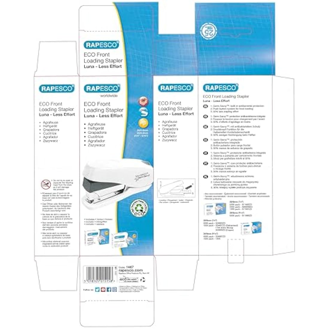 Rapesco 1467 Germ-Savvy Antibacterial, ECO Luna Less Effort Stapler with 2000 Staples, 50 Sheet Capacity, Soft White