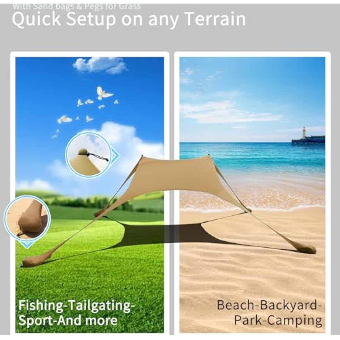 CUUPO 7×7 FT Beach Tent Sun Shelter UPF50+ UV Protection, Outdoor Small Canopy Tent Sun Shade with 2 Poles for Camping, Beach, Fishing, Backyard and Picnics Khaki