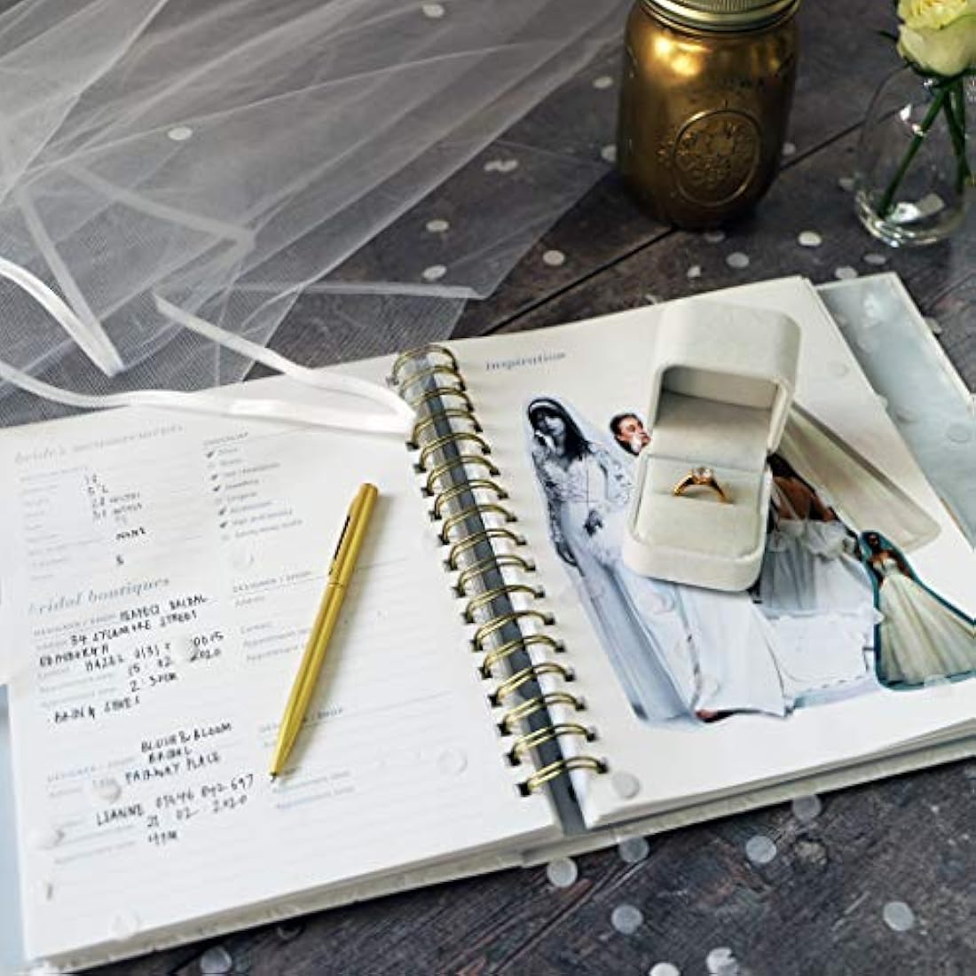 Busy B Wedding Planner - Beautiful white & gold spiral-bound wedding organiser with 6 tabbed sections and storage pockets. Perfect engagement gift.