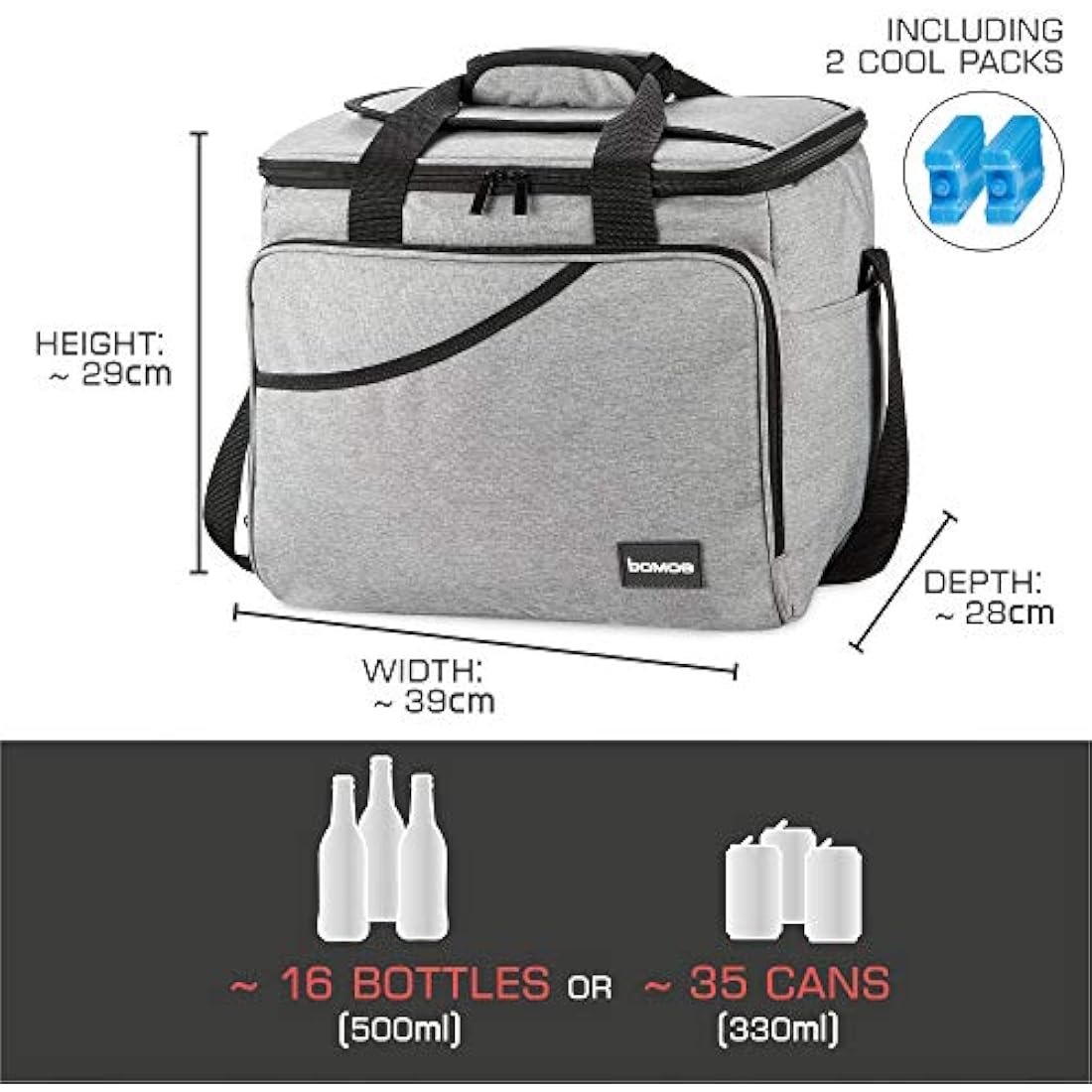 bomoe Cooler Bag Foldable – Beach Cooler Bag – Insulated Picnic Bag with 16h Cooling Function – Small Lunch Bag – Cooler Food Bag with Extra Pocket