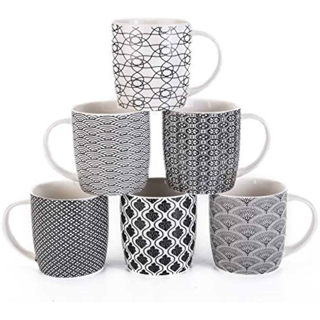 MACHUMA Set of 6 Coffee Mugs 340 ML/11.5 oz with Black and White Geometric Patterns, Ceramic Tea Cup Set 6 Pack