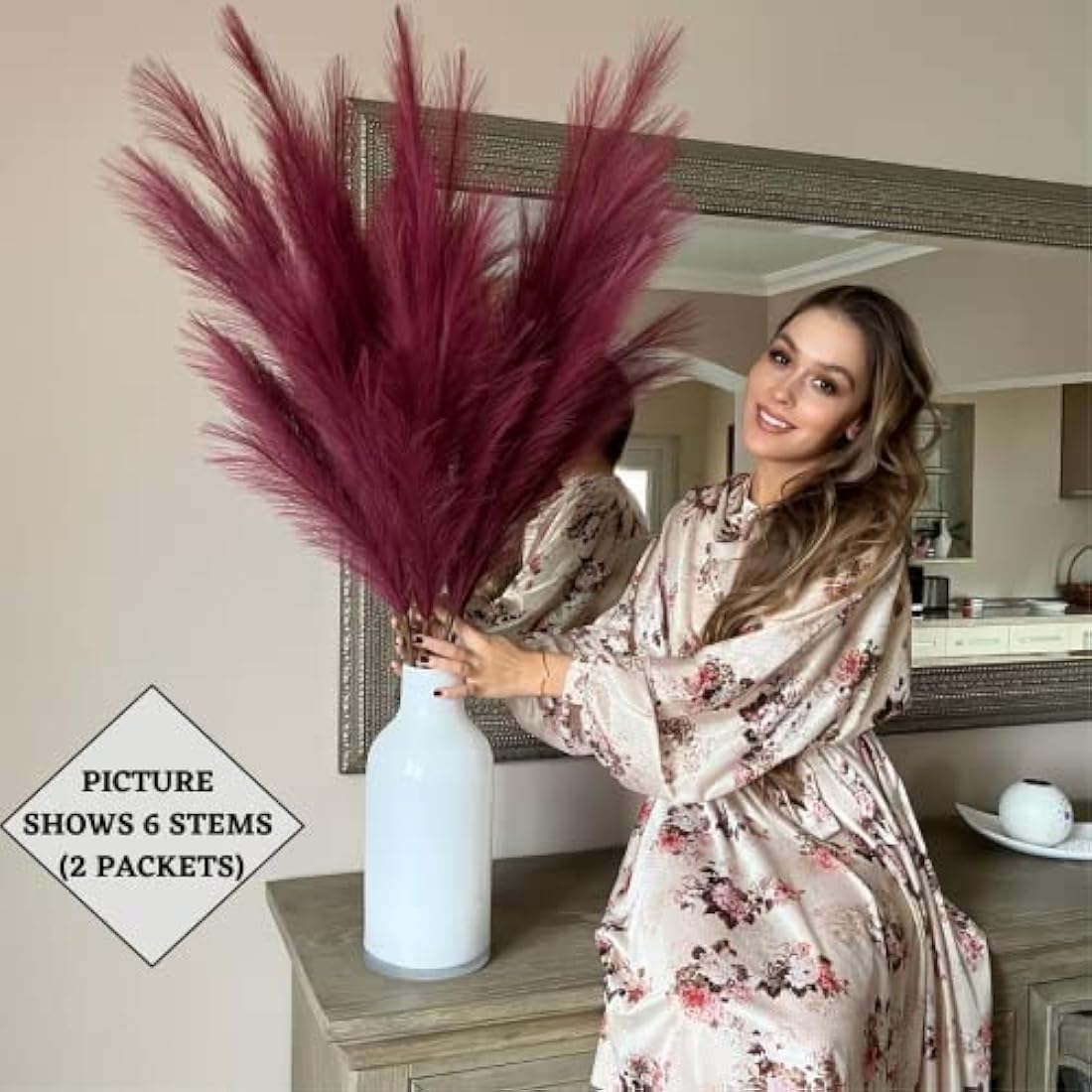 VOULUX Extra Large Tall Fuchsia Pink Fake Faux Artificial Pampas Grass Large Fluffy x3 115cm Stems x18 Decorative Artificial Flora Feathers For Floor Vases Tall Plant Flowers Long Pampas Grass