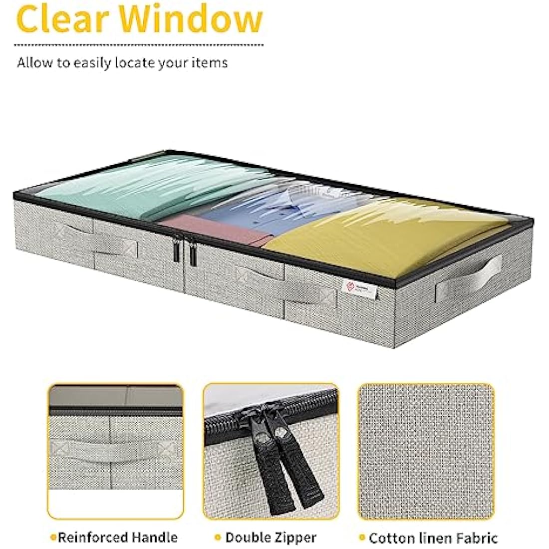 Underbed Storage Bags, Under Bed Storage Box with Reinforced Handle and Lid, Sturdy Sidewalls/Bottom for Clothes, Duvets, Comforters, Blanket, Bedding Thick Fabric with Clear Window, 2Pack