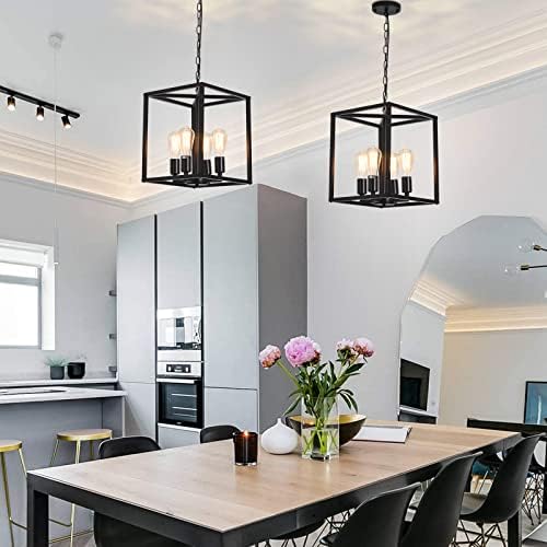 Qcyuui Vintage Lantern Pendant Light, Industrial Metal Cage Foyer Chandeliers Ceiling Lamp, 4-Light Black Hanging Pendant Lighting Fixture for Kitchen Island Farmhouse Hallway, E27