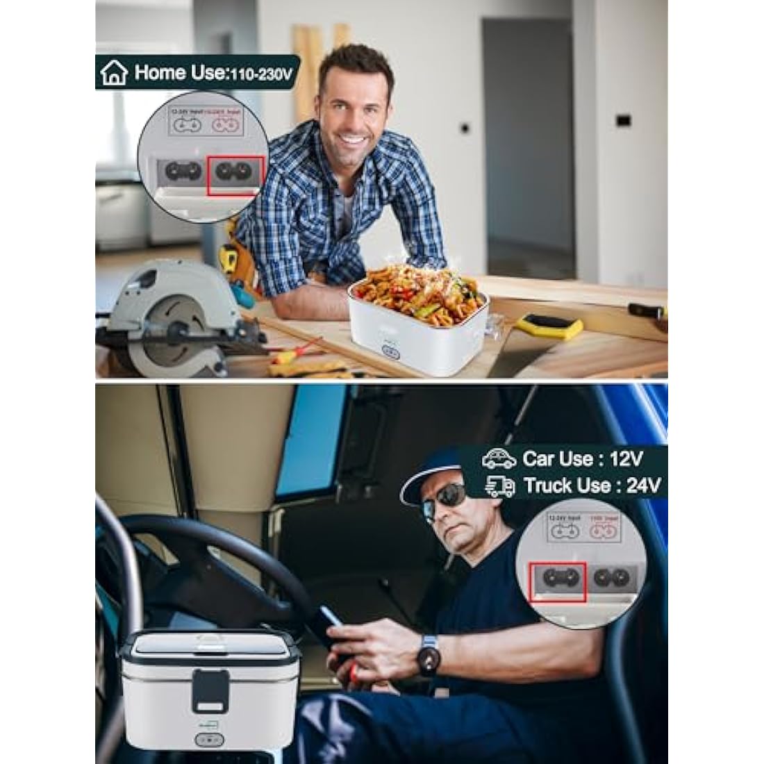 Buddew Electric Lunch Box 80W Food Heater 1.8L Large Capacity Heated Lunch Box 3 in 1 12V/24V/110-230V Portable Lunch Warmer for Car/Truck/Home/Office with Carry Bag and Fork and Spoon (Gray)