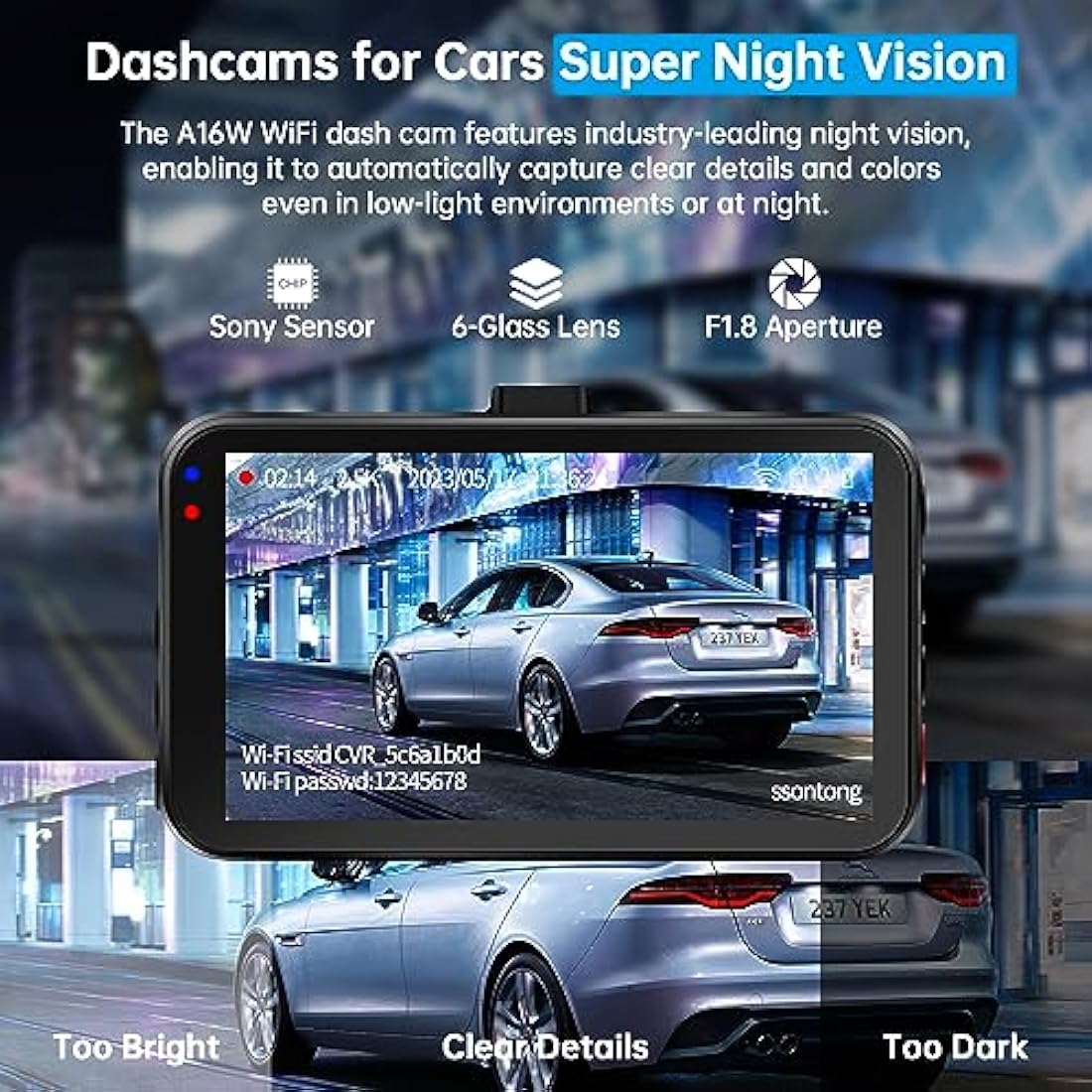 Dash Cam Front and Rear, Dashcam WiFi/APP Control Car Camera Dash Cam W/ 64GB Card, 2.5K Dash Cam Front + 1080P Rear Dash Camera W/Super Night Vision, Loop Recording, G-Sensor, Max Support 256GB