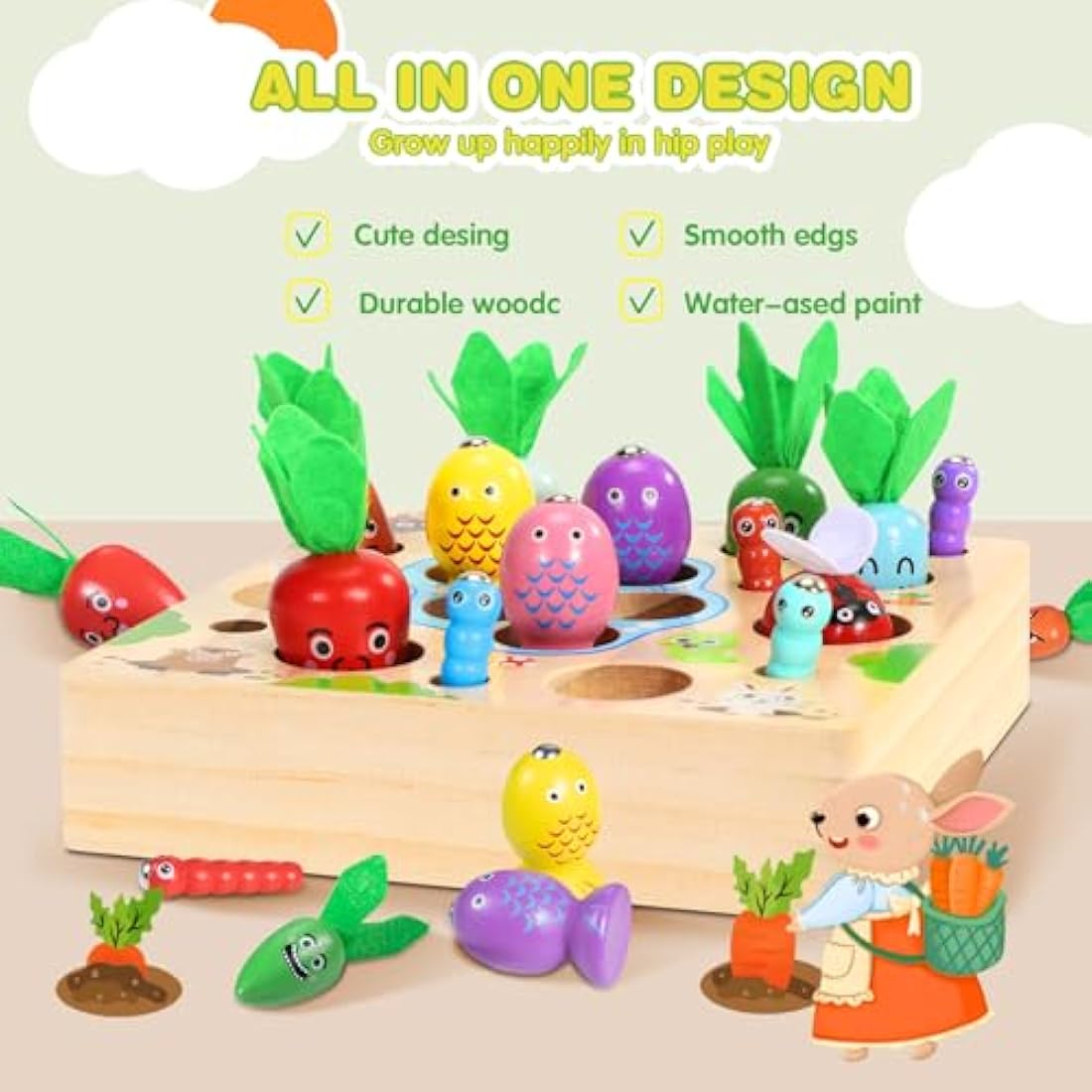 COOLJOY Wooden Fishing Game Toy, 4 In 1 Magnetic Montessori Toys for 2 Year Olds, Carrots Harvest Toy Shape Sorter, Toddler Educational Gift for 2 3 4 Year Olds Girls Boys