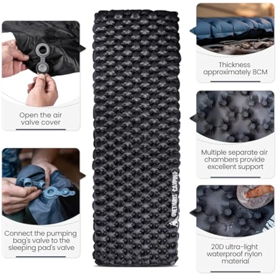 OneTigris Obsidian Ultralight Sleeping Pad, 5.2R Insulated, Inflatable Camping Backpacking Sleeping Mat with Hole Fixing Patches Weighs 2.05lb, 74.4" x 24.8"