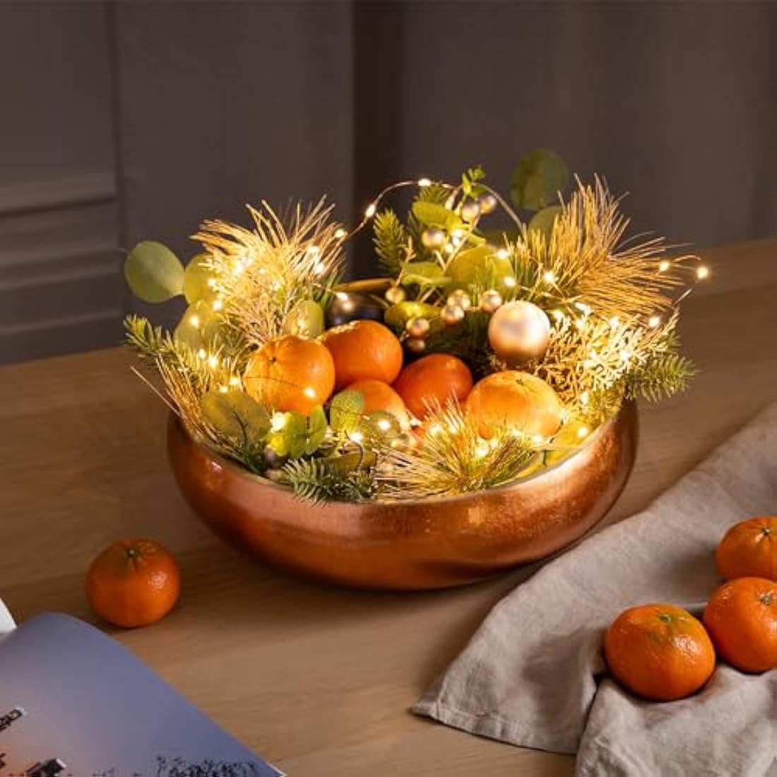Dehaus® Large Stylish Bamboo Fruit Bowl - 30cm, Rose Gold - Wooden Salad Serving Bowl - Fruit Basket for Kitchen or Bread Basket - Table Centrepiece Decoration - Home & Kitchen Tableware Accessories