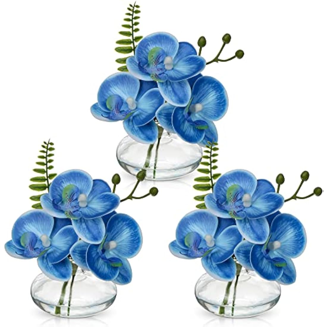 Briful Set of 3 Artificial Orchids in Glass Vase, Blue Orchids Fake Flowers in Faux Water Artificial Flowers for Decoration Artificial Plant for Living Room Bathroom Office Décor
