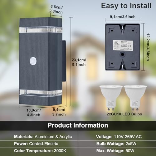 LMP Up Down Outdoor Wall Lights PIR, Motion Sensor Outside Lights Mains Powered, IP65 Square Porch Front Door Light Electric, Waterproof External Modern GU10 LED Lighting Exterior Lamp for House, Grey