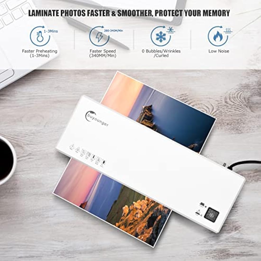 Buyounger Laminator with 40 Pouches, A4 Laminator Machine Thermal and Cold with Paper Trimmer & Corner Rounder, 9 Inches Laminating Machine for Home School Office