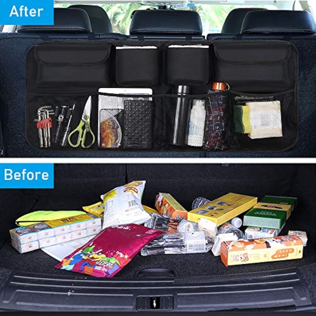 URAQT Car Boot Organiser Waterproof Kick Mats Car Organiser Seat Back Protectors, Multi-Pocket Children's Travel Storage, Durable Foldable Cargo Net Storage for Car Backseat Cover