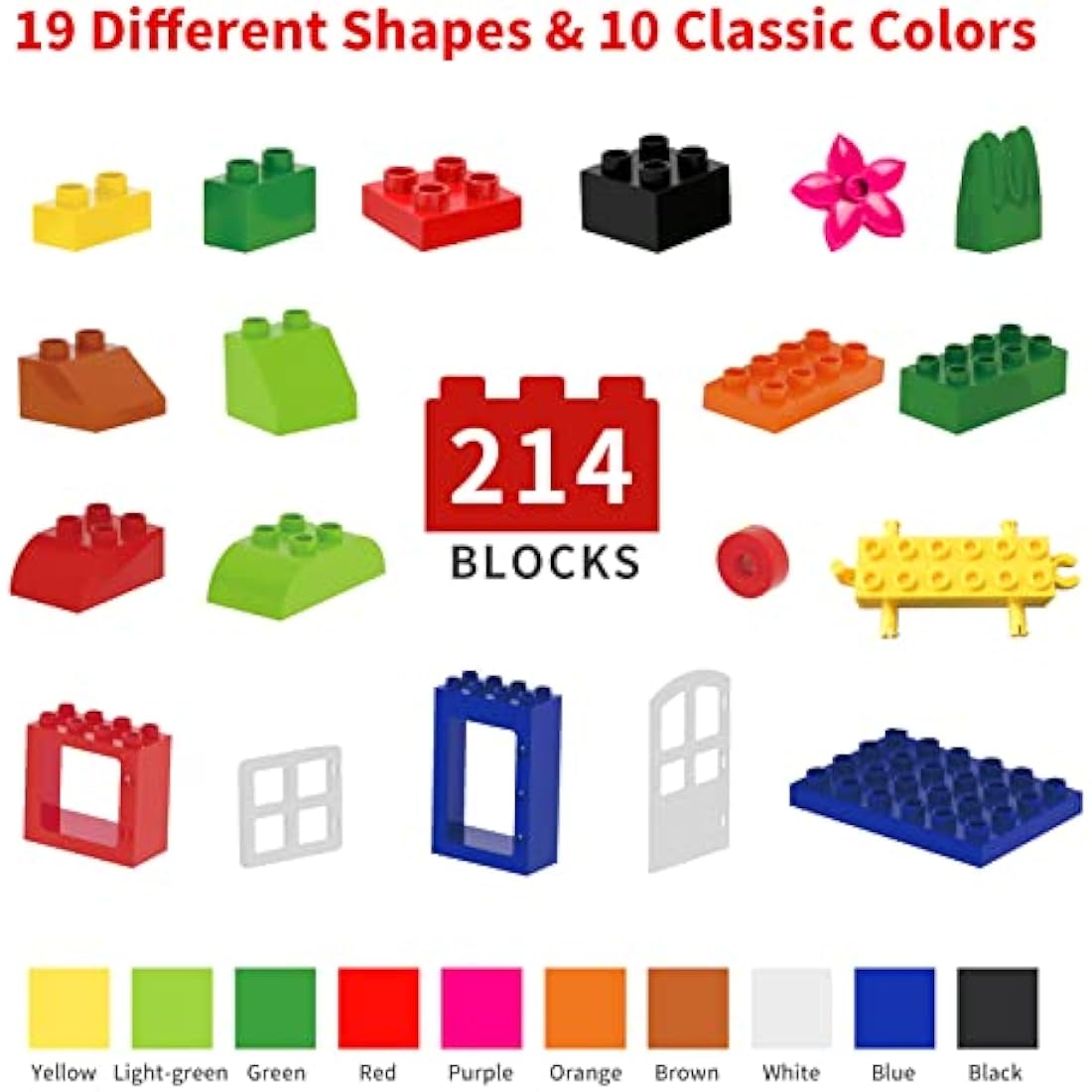 Big Building Block Set - 214 Pieces Toddler Educational Toy Classic Large Size Building Block Bricks - 13 Fun Shapes and Storage Bucket - Compatible with All Major Brands Bulk Bricks Set for 3+ Ages