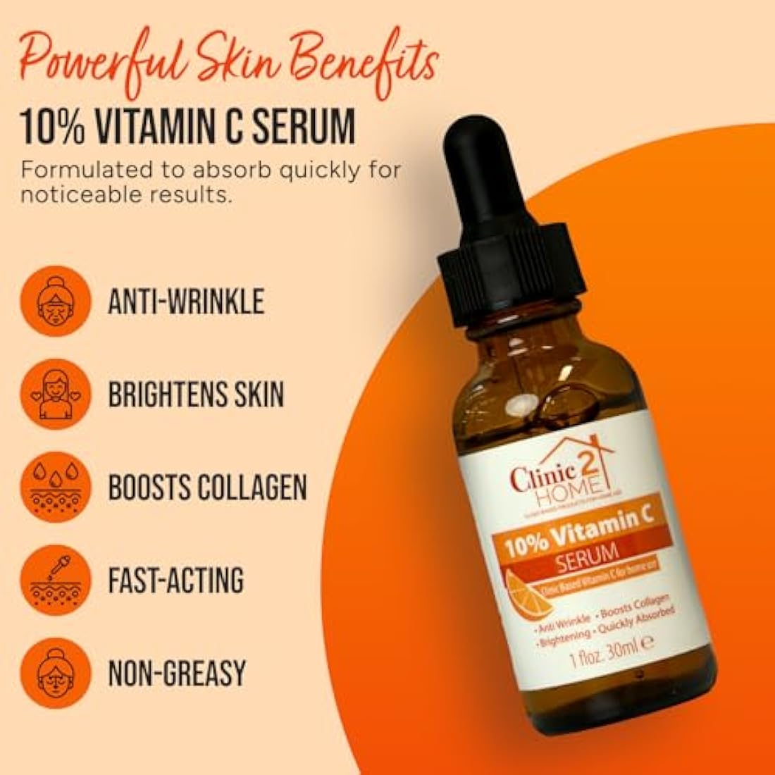 Clinic2Home Vitamin C Serum for Face - Powerful 10% Vit C Serum for Dark Spots, Wrinkles & Fine Lines - Anti Aging, Collagen Boosting & Skin Brightening Pure Vitamin C Facial Serum Skin Care