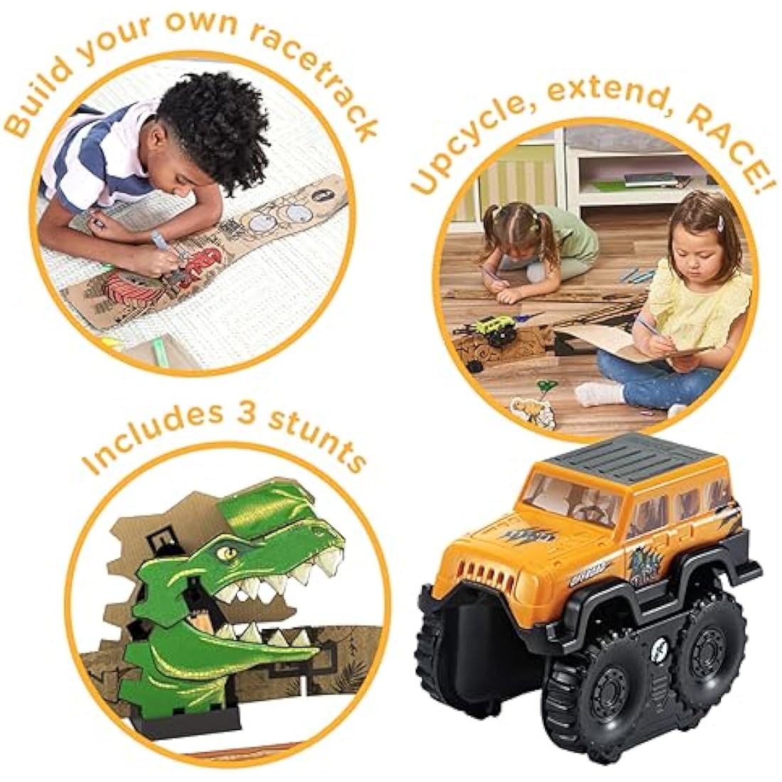VTech Car-Board Racers Off-Roader & Track, Cardboard Race PlaySet with Stunt Jump for Kids, Off Road Car, Dinosaur Tunnel & Bridge, Vehicle Fun For Children Age 5, 6, 7 + Years, English Version