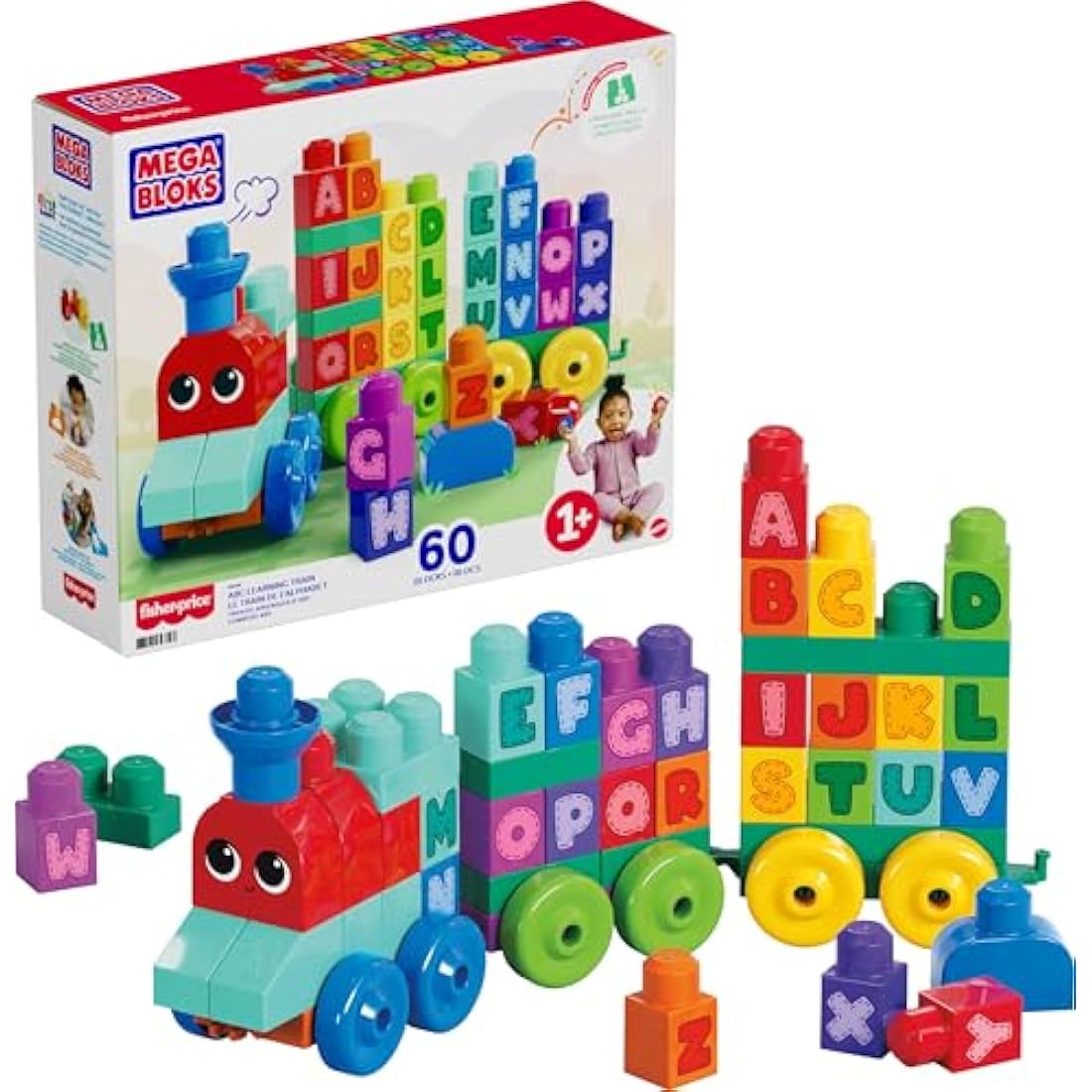 MEGA BLOKS First Builders Toddler Building Blocks Toy Set, ABC Learning Train with 60 Pieces, Ages 1+ Years, DXH35