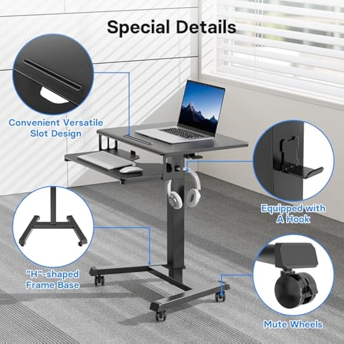 BONTEC 65 × 45cm Two-Tier Mobile Computer Workstation with 4 Rolling Castors, Laptop Stand on Wheels, Height Adjustable Standing Desk, Side Table for Living Room, Bedroom, Medical