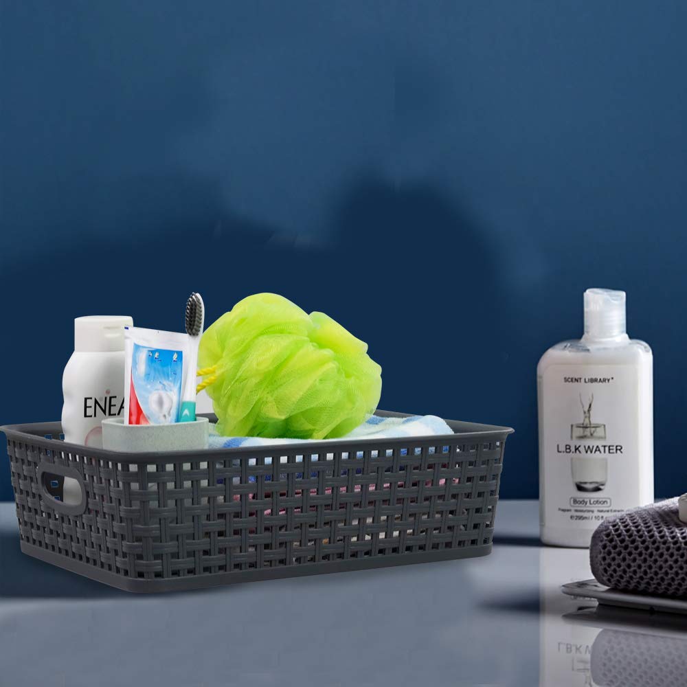 Yarebest 6 Packs Grey Woven Storage Baskets, Plastic A4 Shallow Tray Basket