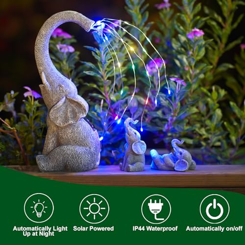 Yeomoo Elephant Statues Garden Ornaments Outdoor - Elephants Mum with Baby Elephant Figurine Solar Lights Elephant Lamp Gifts for Women Men Mum