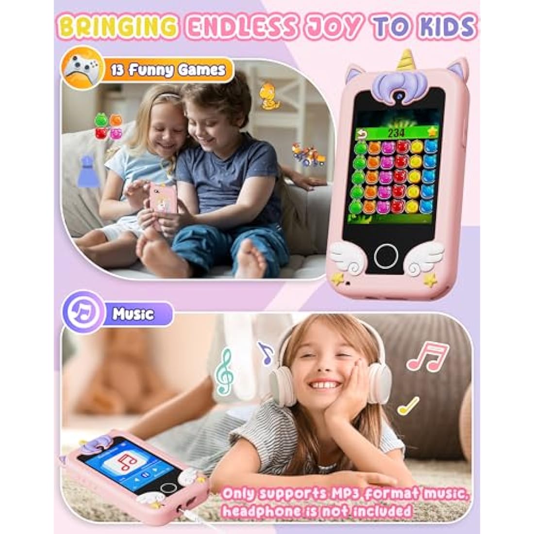 UCIDCI Kids Smart Phone Toys for Girls Ages 3-7 with Dual Camera - Toddler Phone Toys with Learning Games, Travel Toys with MP3 Music Player for Christmas, Birthday Gifts for 3 4 5 6 7 Year Old Boys