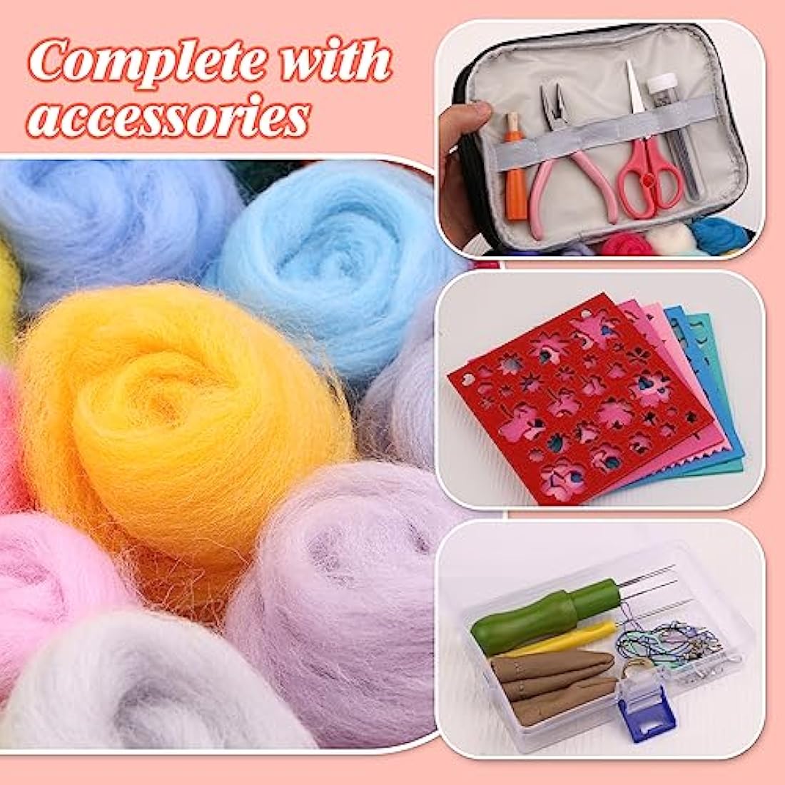 Axmru 215 Pcs Needle Felting Kit Wool Roving 60 Colors Set Basic Felt Tools and Supplies Needle Felting Starter Kit with Foam Mat Felt Molds and Storage Box for DIY Craft