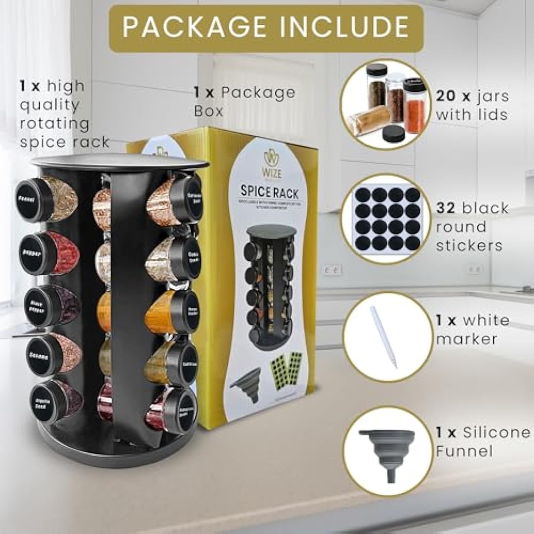 Wize Products - Black Countertop Rotating Spice Rack, 20 Empty-Jars Revolving Organiser 360°, Free Standing Round Carousel Tower, Spice Labels with Funnel for Kitchen Countertop