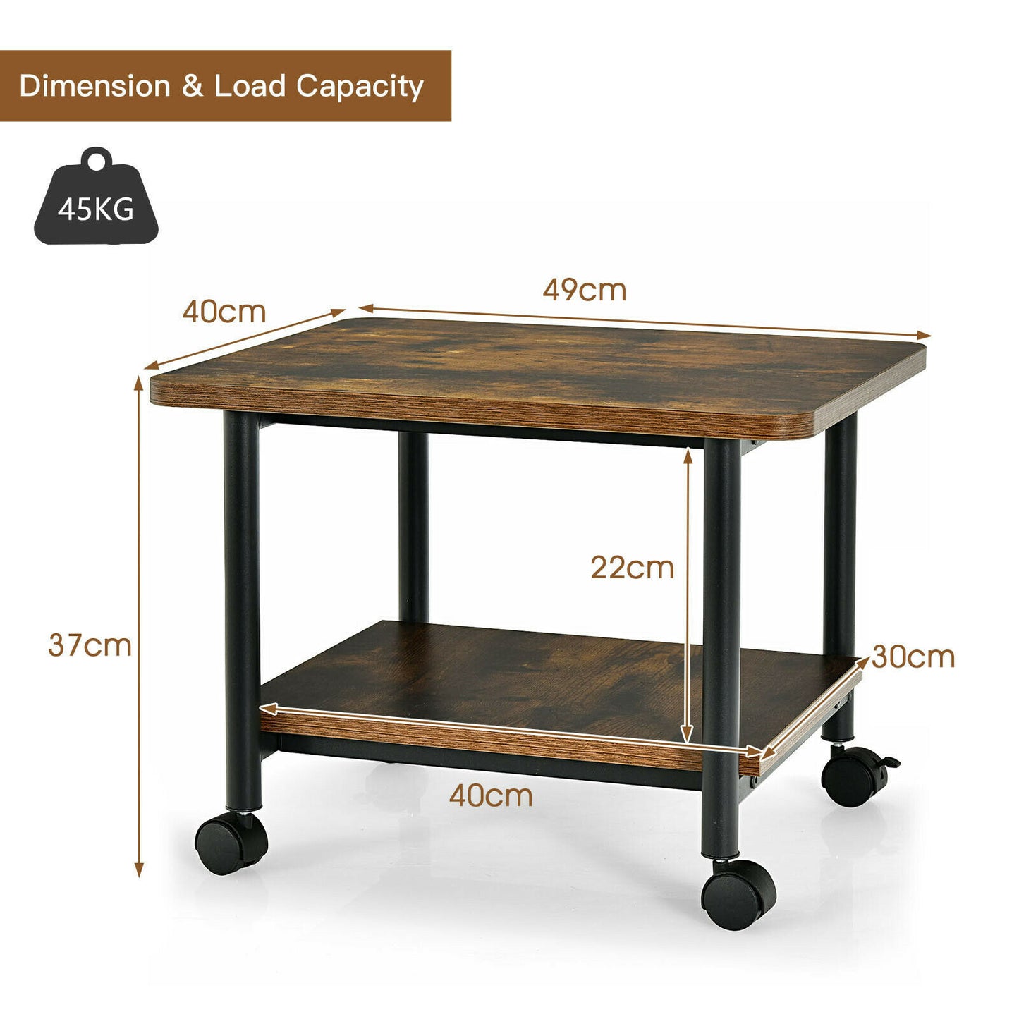 2 Tier Wooden Printer Stand with 360° Swivel Casters-White