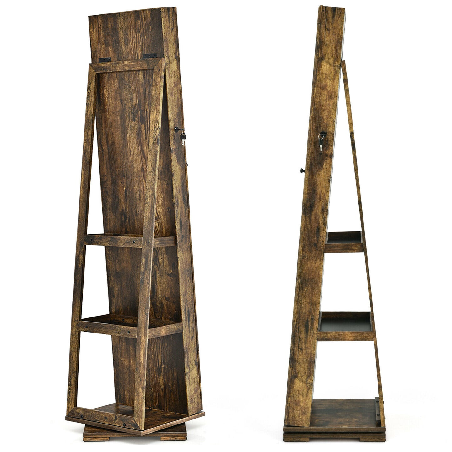 Full Length Mirrored Jewellery Cabinet Rotates 360° with Open Display Shelves-Brown
