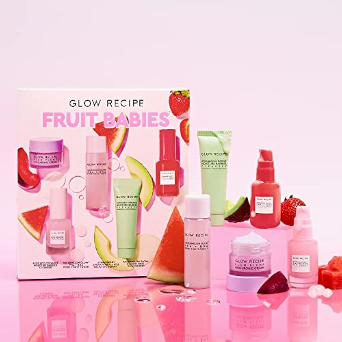 Glow Recipe - Fruit Babies s Kit Mini Travel Size Beauty Essentials Avocado Foam Cleanser, Niacinamide Dew Drops Serum, Pore-Tight Toner, Salicylic Hyaluronic Acid Cream (5 Count), 0.65 pounds