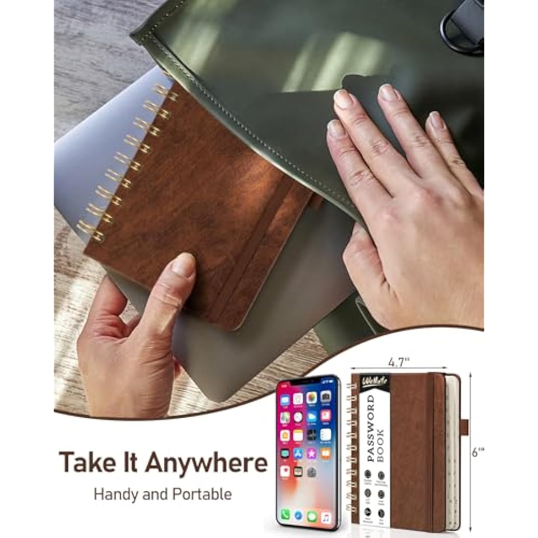 WEMATE Spiral Password Book with Alphabetical Tabs, Small Password Keeper Book for Seniors, Internet Password Notebook Hardcover Password Journal logbook – 12 x 15cm (Brown)