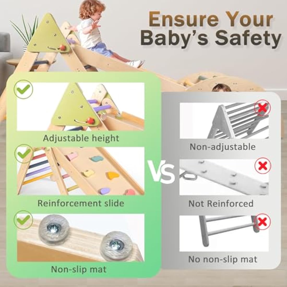 LOL-FUN 3in1 Wooden Climbing Frame for Toddlers, Baby Climbing Toys Pikler Triangle Set with Ramp and Arch, Montessori Indoor Play Jungle Gym for Kids 100x49x11CM Package-Rainbow