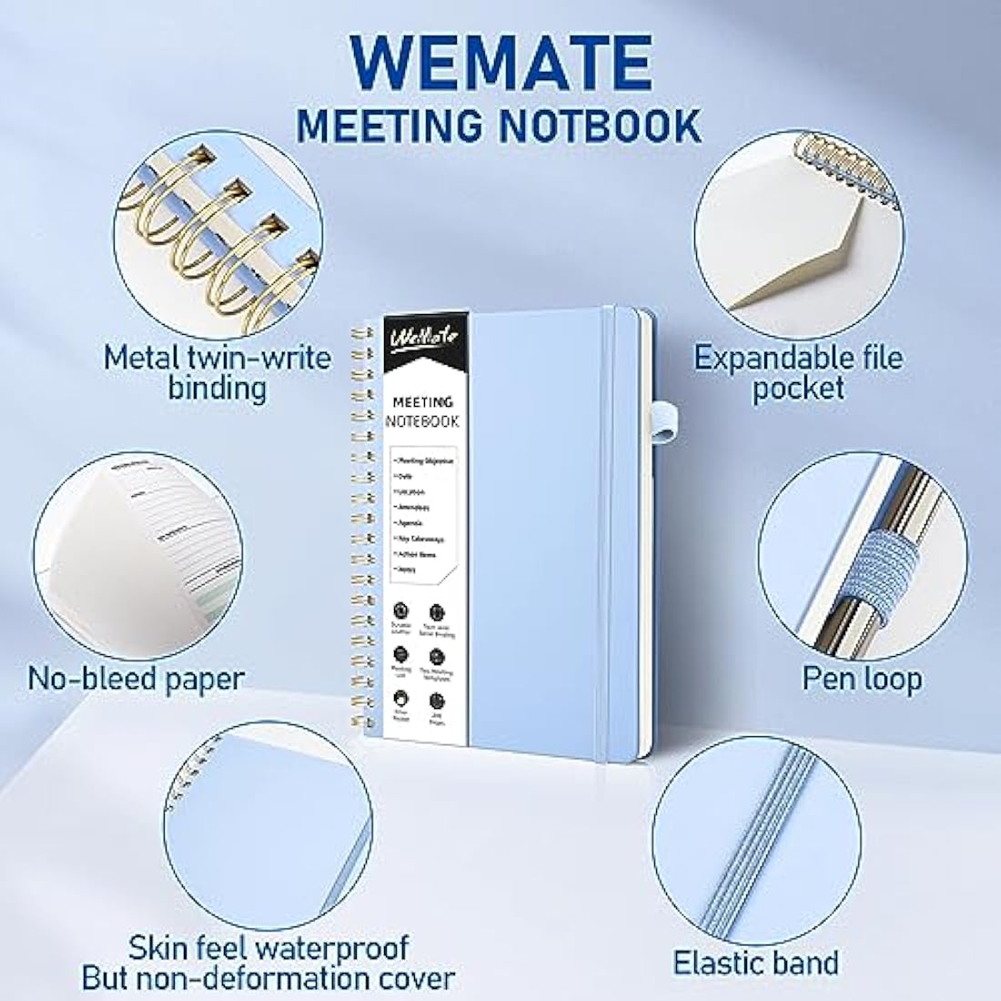 WEMATE Meeting Notebook B5 (7"x10") - PU Leather Planner Notebook with Agenda, Action Items & Notes - 200 Pages for Men&Women, Staff and Students, Meeting, Projects Planning - Light Blue