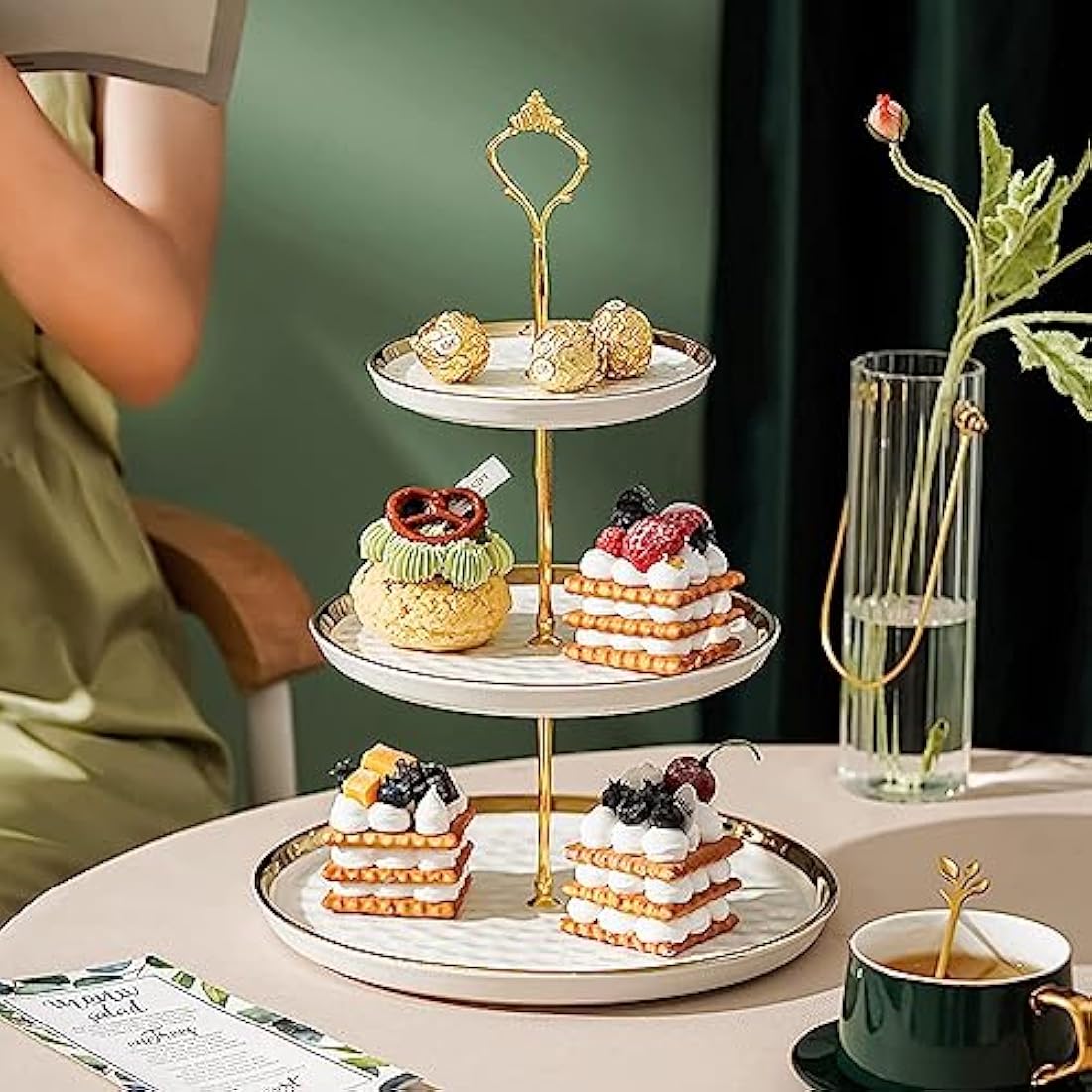MEETOZ 2 Set of Round Porcelain Tiered Cupcake Stand, Dessert Plates Stand Tiered Serving Trays with Gold Rod,3 Tiers and 2 Tiers Cake Stand Party Serving Trays Fruit Pastry Holders(White)