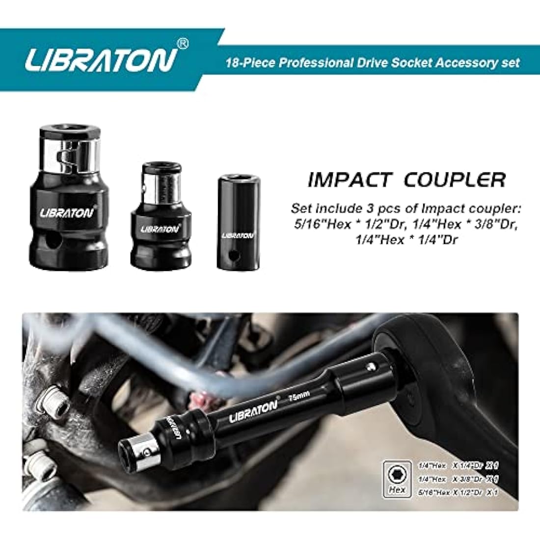 Libraton Extension Bars, 3/8 1/2 1/4 Extension Set, Spanner Extensions, with Socket Adapters, Socket Extensions, Universal Joints, Impact Coupler, Professional Socket Accessories, Cr-V