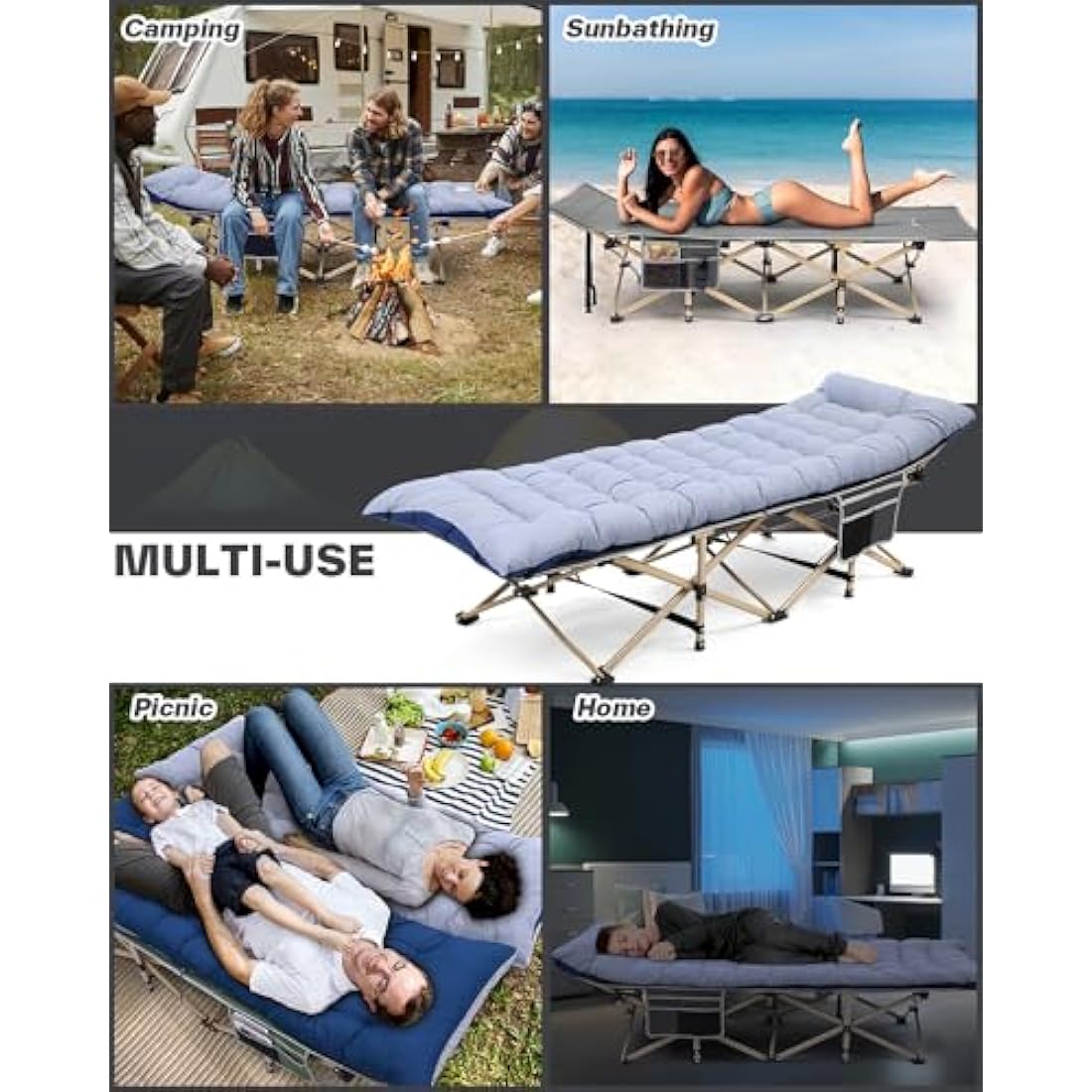 Sportneer Camp Beds for Adults with 1.5" Thick Mattress, Camping Bed 74 * 28" Extra Wide Support 450lbs for AdultsTravel Fishing Picnic Outdoor