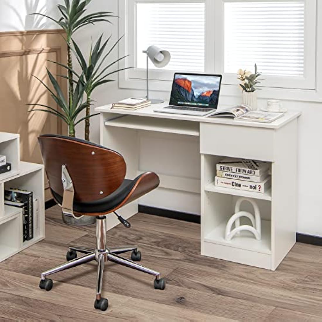 CASART Computer Desk, Home Office Laptop Table Writing Desk with Drawer, Adjustable Shelf & Keyboard Tray, Compact Study Desk Computer Workstation for Small Space (White)