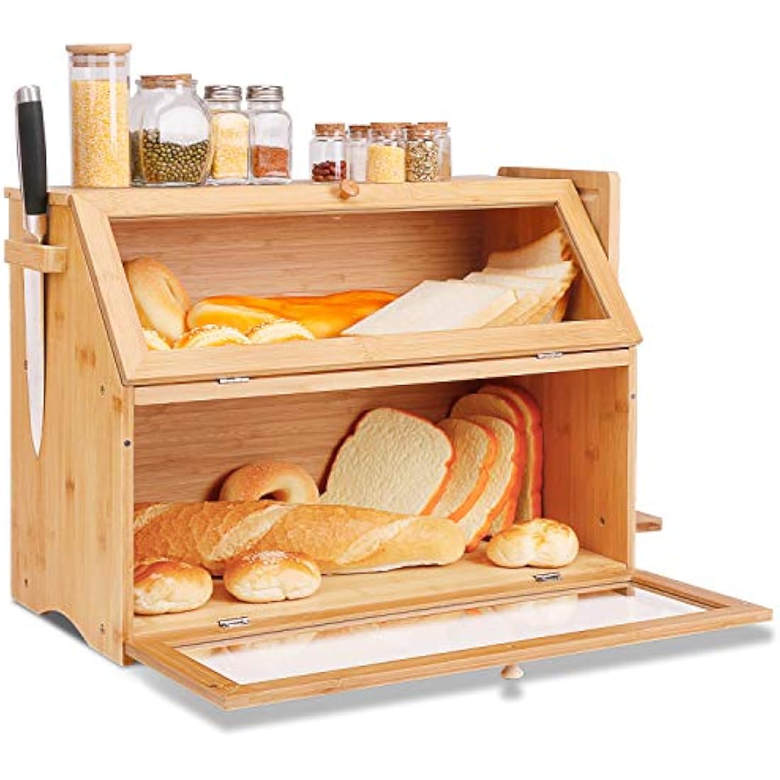 Leader Accessories Double Decker Bamboo Bread Bin 2-Layer Bread Box Large Capacity Bread Storage for Kitchen 19.7"x9.8"x14.5"