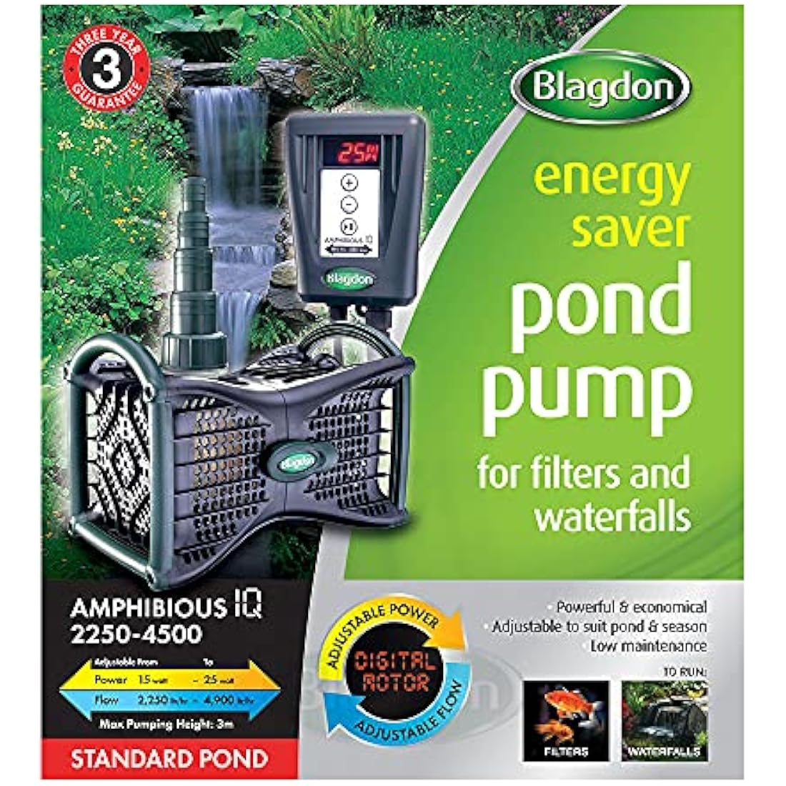 Blagdon Amphibious IQ Energy Saving Pond Pump, for Fountain & Waterfall, Run Dry Protection, Adjustable Power & Flow, 2250-4500 Standard Pond,Black