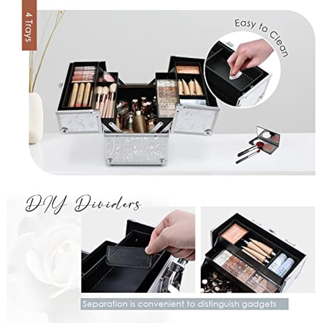 Professional Beauty Vanity Case Cosmetic Makeup Box Nail Polish Storage Beauty Train Case Lockable with Keys(Silver Rose)